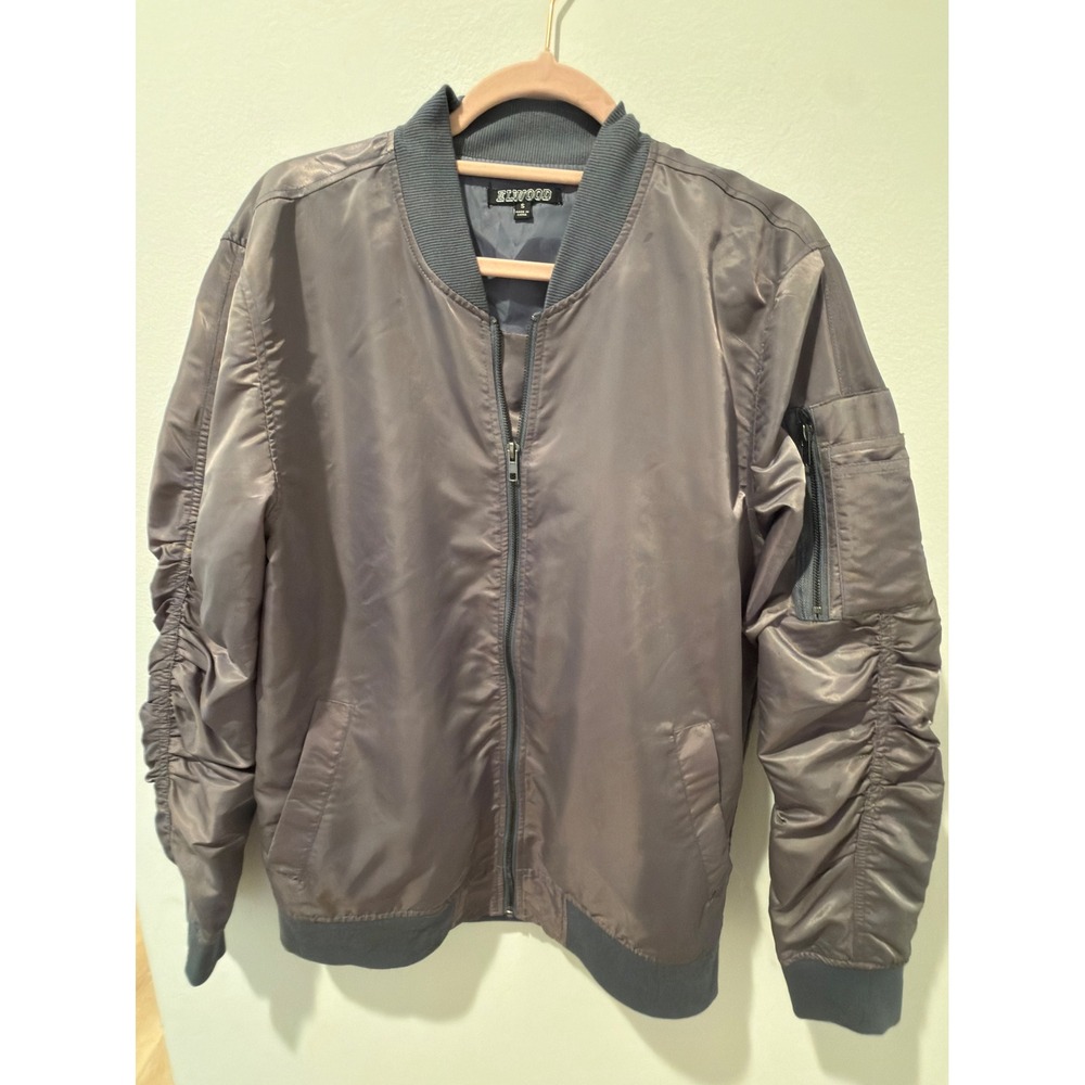 Elwood Ruched Sleeve Full Zip Nylon Bomber Jacket Gray